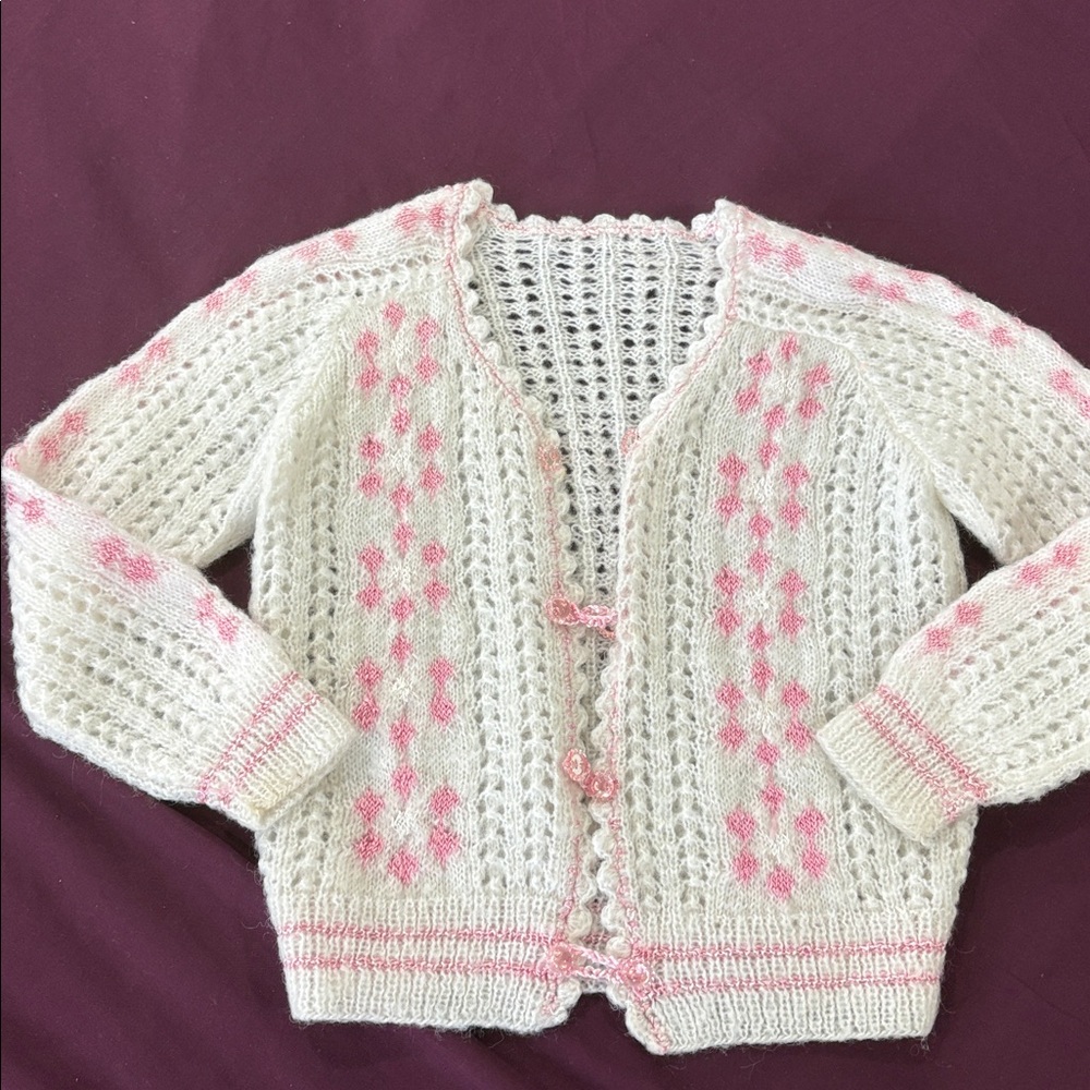 Hand-made White and Pink Knit Cardigan girls.